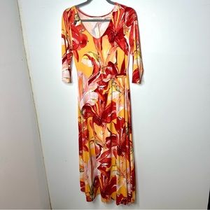Soft Surroundings Tropical Print Elia Maxi Dress PXS Petite Jersey 3/4 Sleeve